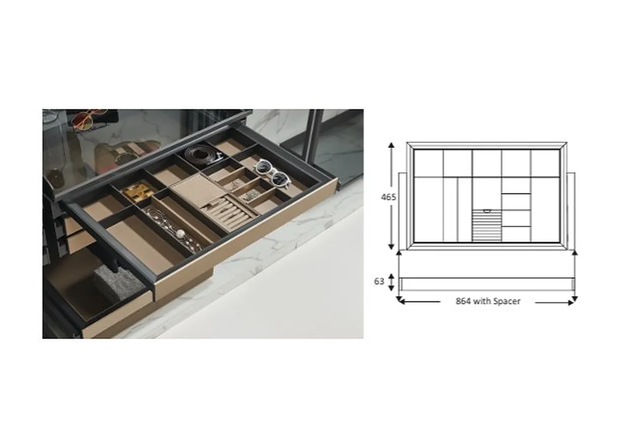 Mirano jewellery leather box, a compartmented leather-lined drawer insert in a grey frame, with its dimension drawing