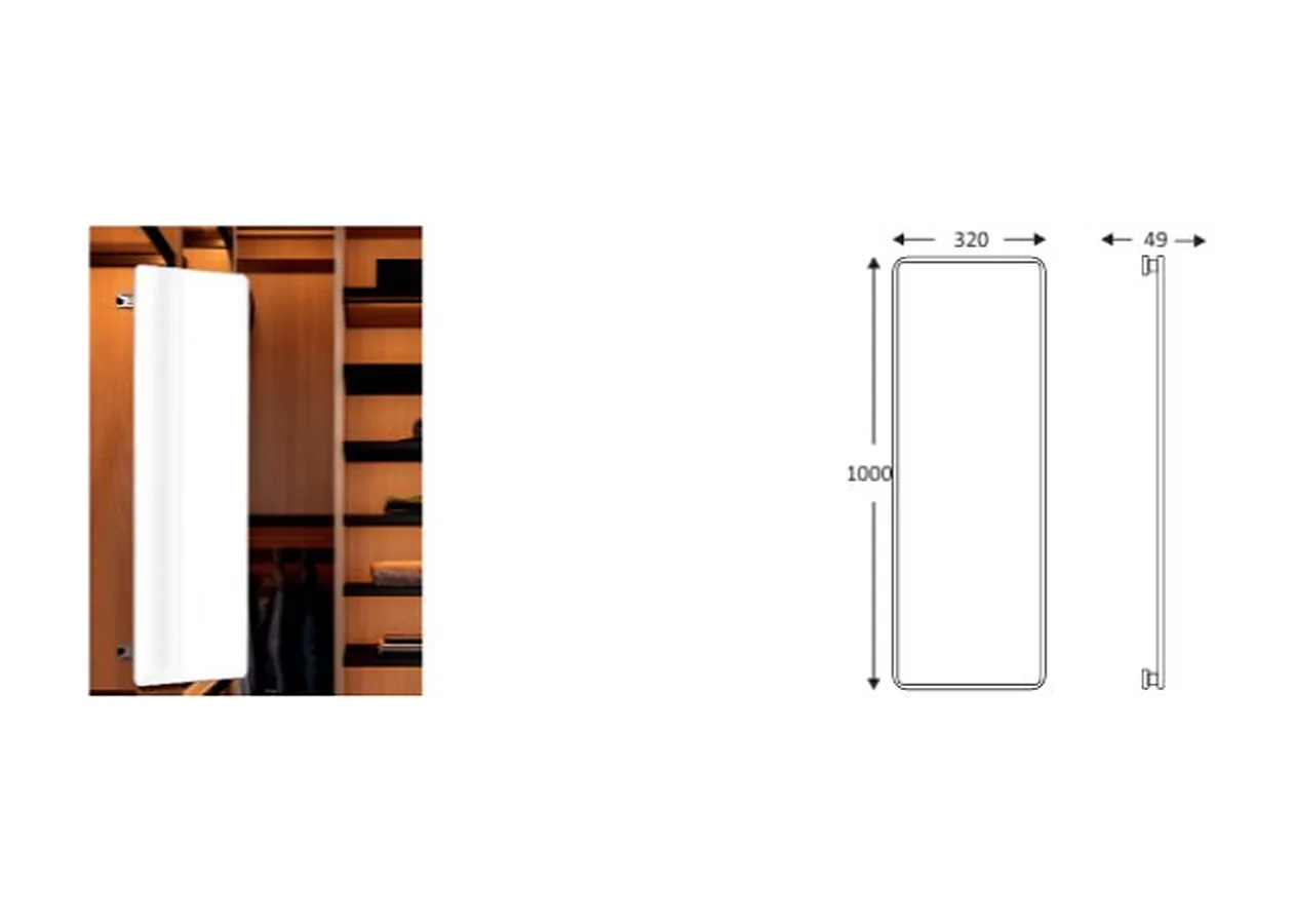 Mirano revolving mirror, a tall grey-framed mirror on a rotating mount inside a wardrobe, with its dimension drawing