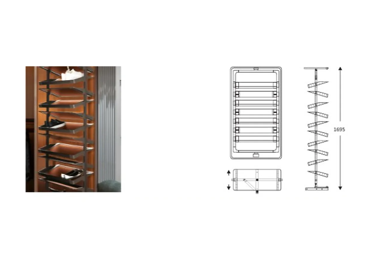 Mirano rotating shoe rack, a tall tower of angled shoe shelves in a grey frame with coffee leather, shown with its dimension drawing