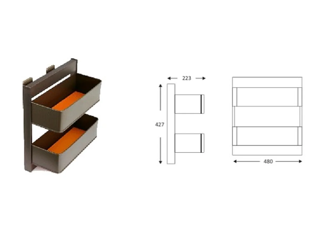 Mirano side mount pull-out, a two-tier grey and coffee leather basket unit for the side of a wardrobe carcass, with its dimension drawing