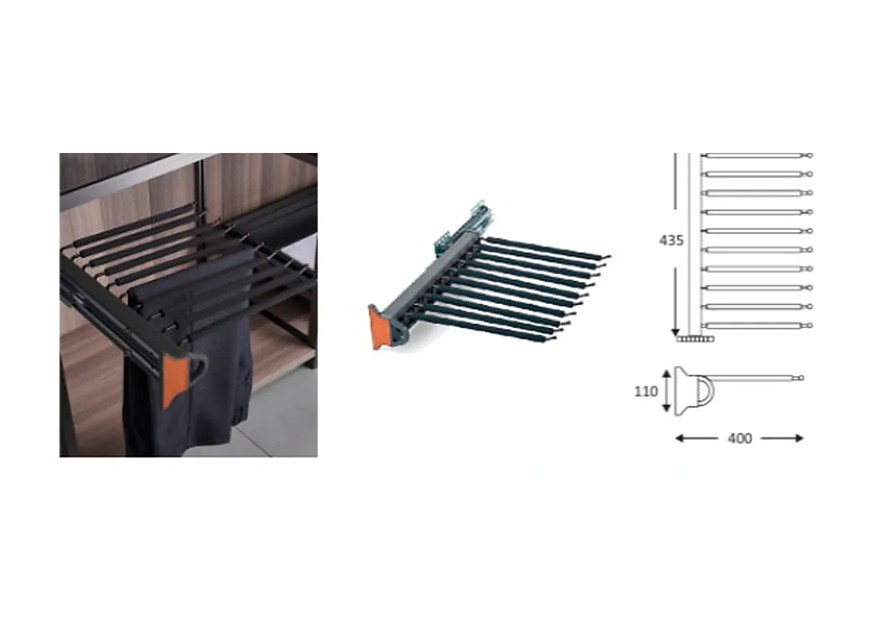 Mirano side mounting trouser rack with a row of bars on telescopic runners, shown with a dimension drawing