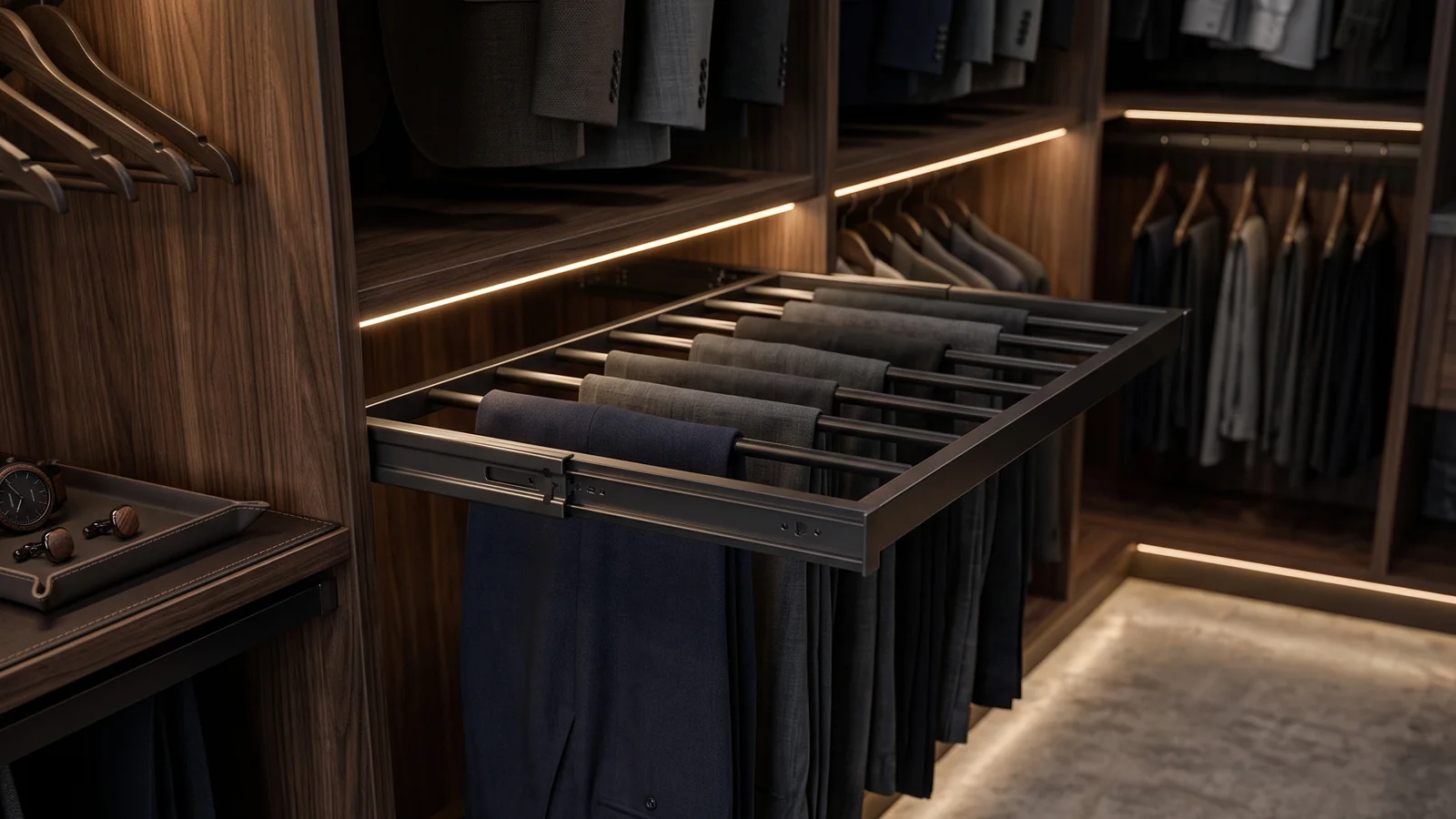 Trouser rack guide Walk-in wardrobe with a side-mounted trouser pull-out rack extended, a leather tray and warm LED lighting
